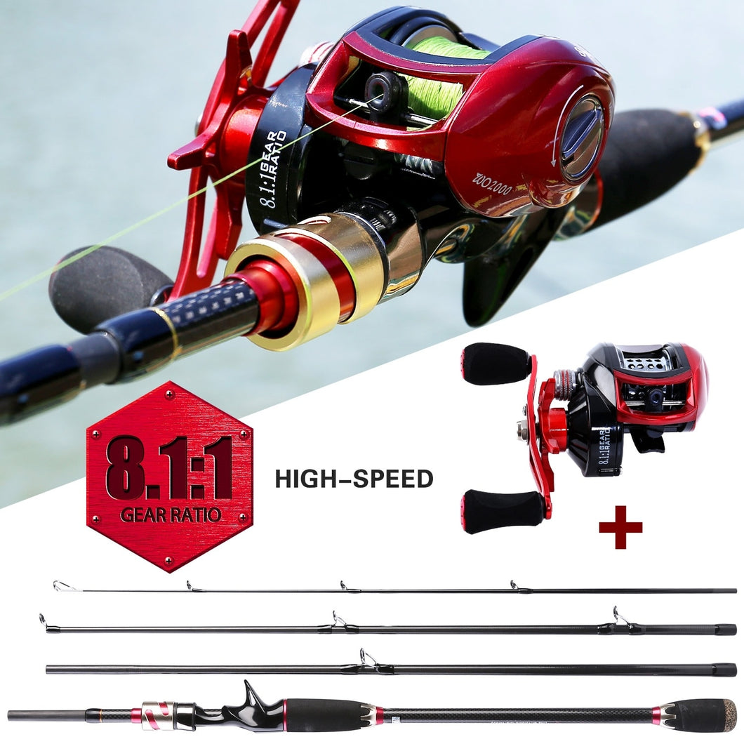 4 sections Carbon Fiber Baitcasting Rod & Reel Combo Set